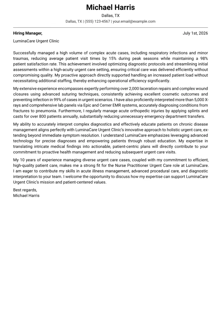 Nurse Practitioner Urgent Care cover letter example