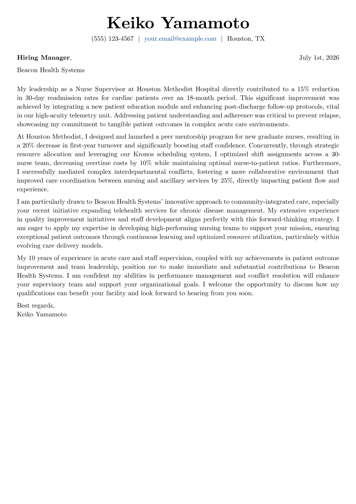 Nurse Supervisor cover letter formatted with a JobSprout template