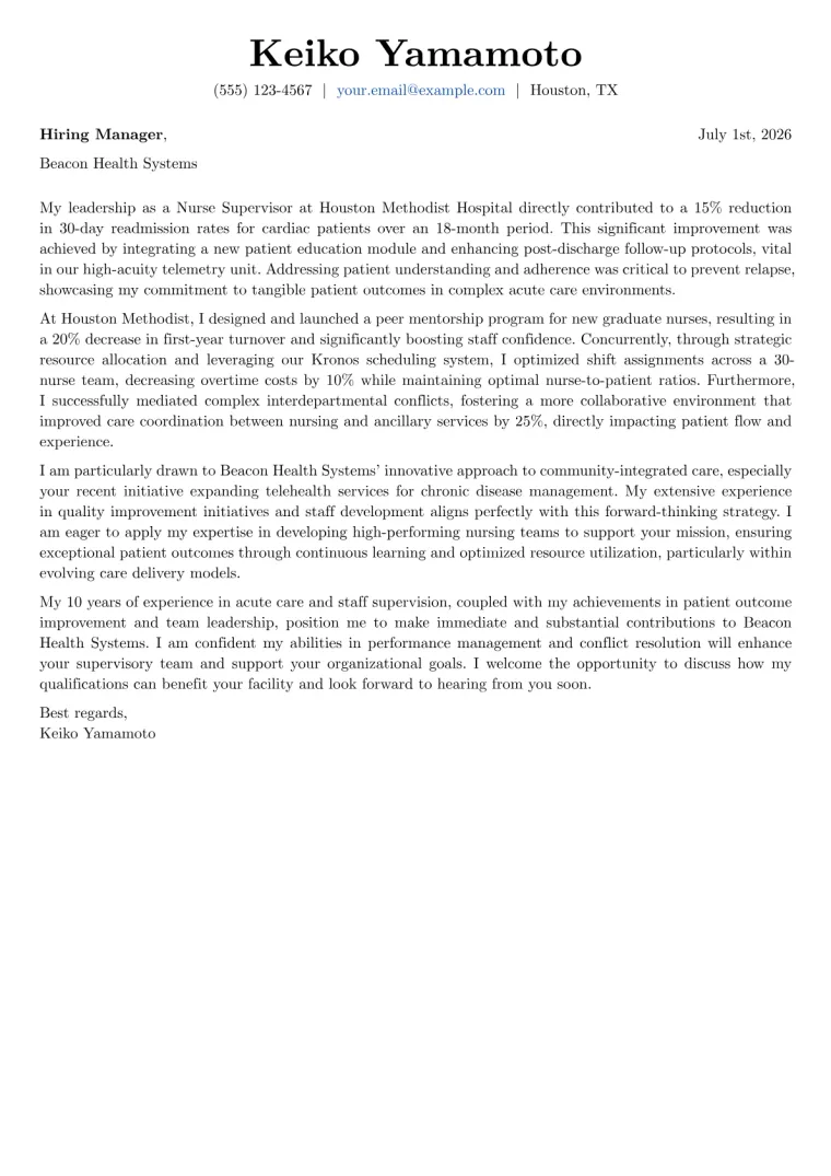 Nurse Supervisor cover letter example preview