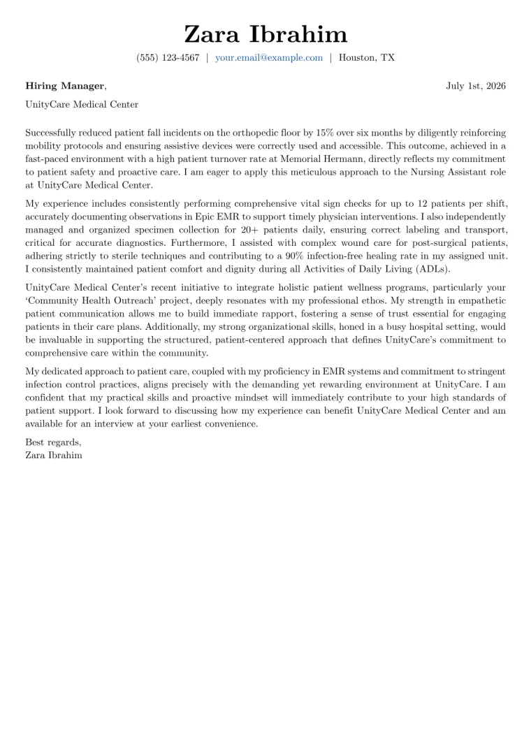 Nursing Assistant Cover Letter Example