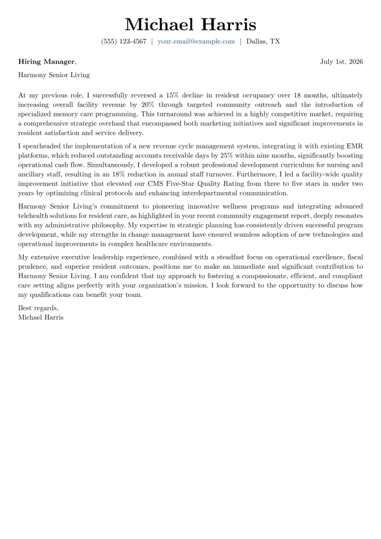 Nursing Home Administrator cover letter example preview