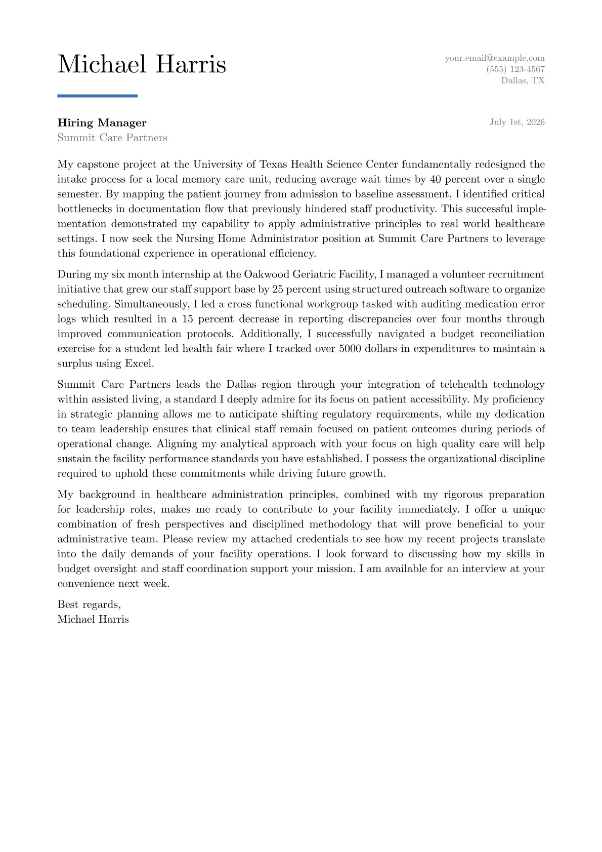 Nursing Home Administrator cover letter in the Executive design