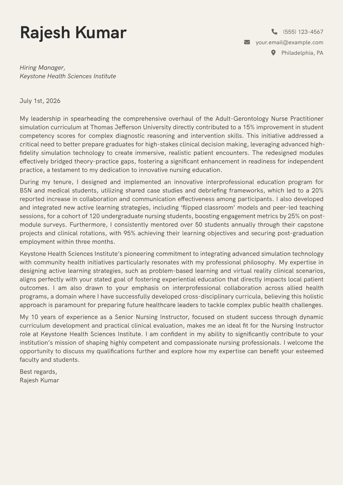 Nursing Instructor cover letter formatted with a JobSprout template