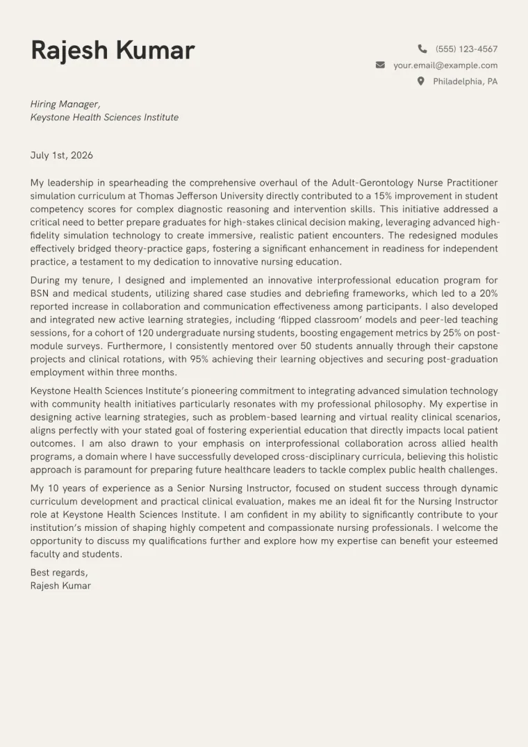 Nursing Instructor cover letter example