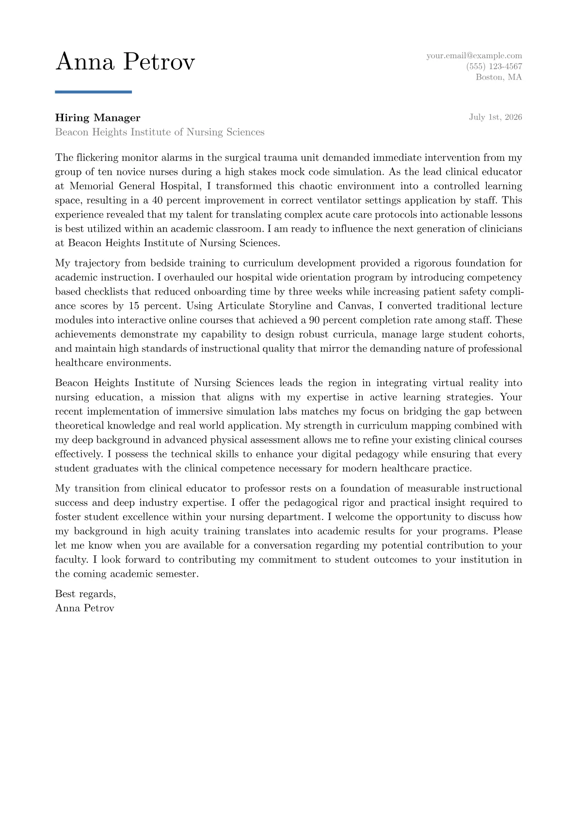Nursing Professor cover letter in the Executive design