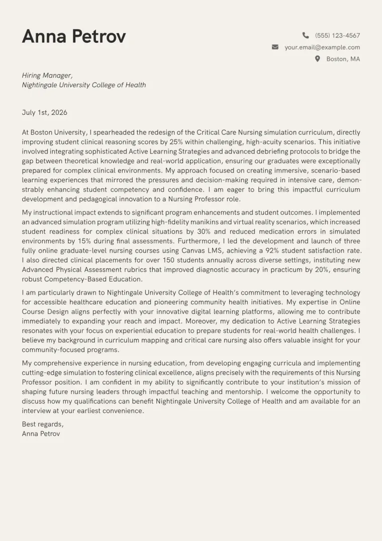 Nursing Professor cover letter example preview