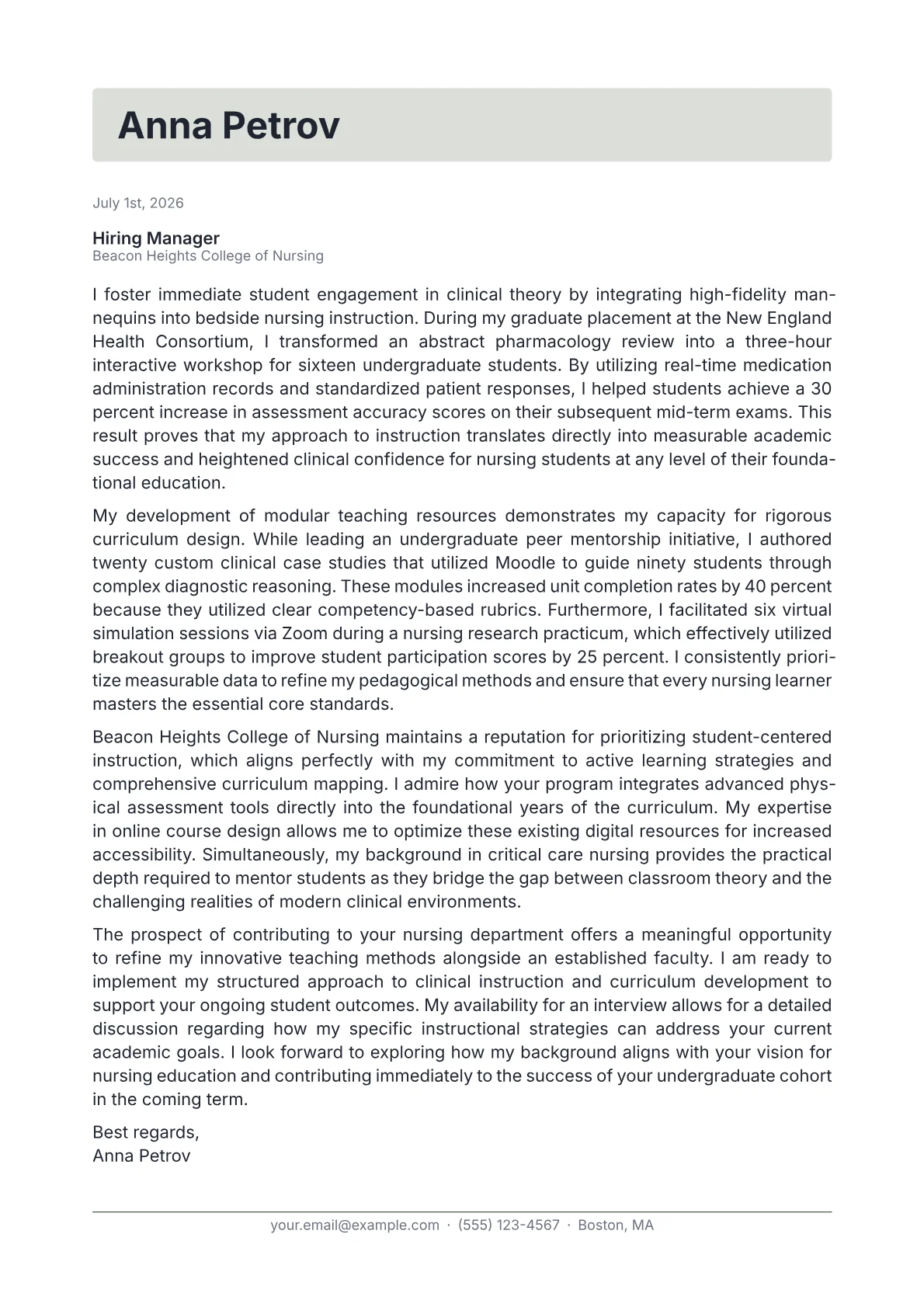 Nursing Professor cover letter in the Letterhead design