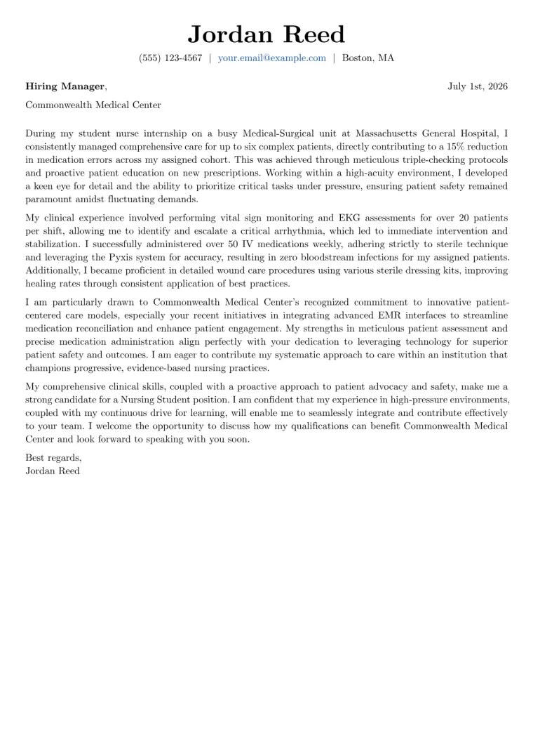 Nursing Student Cover Letter Example
