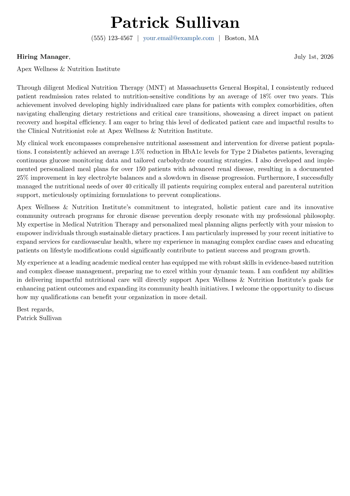 Nutritionist cover letter formatted with a JobSprout template
