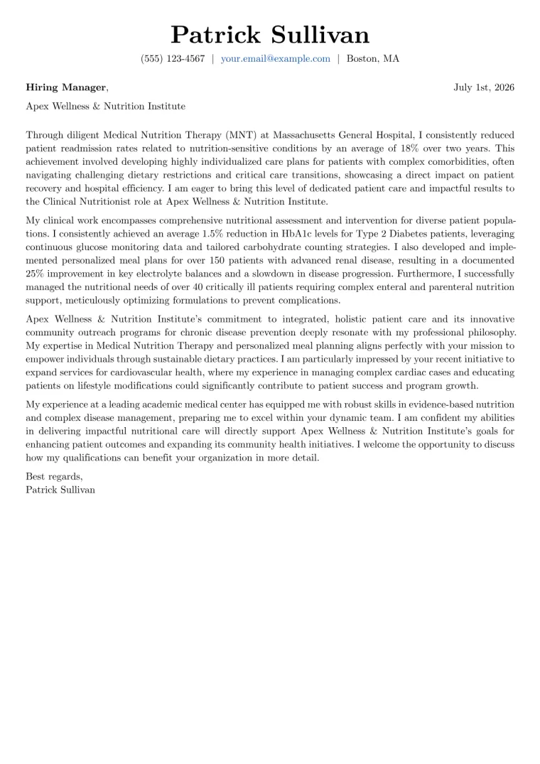 Nutritionist Cover Letter Example