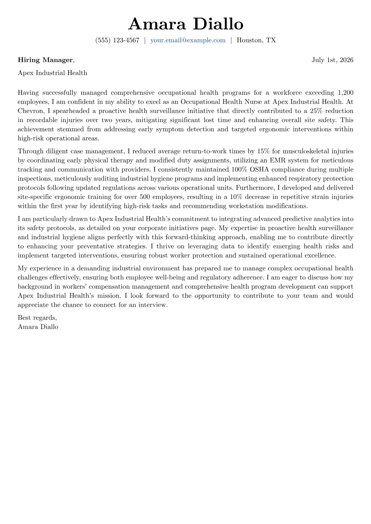 Occupational Health Nurse cover letter formatted with a JobSprout template