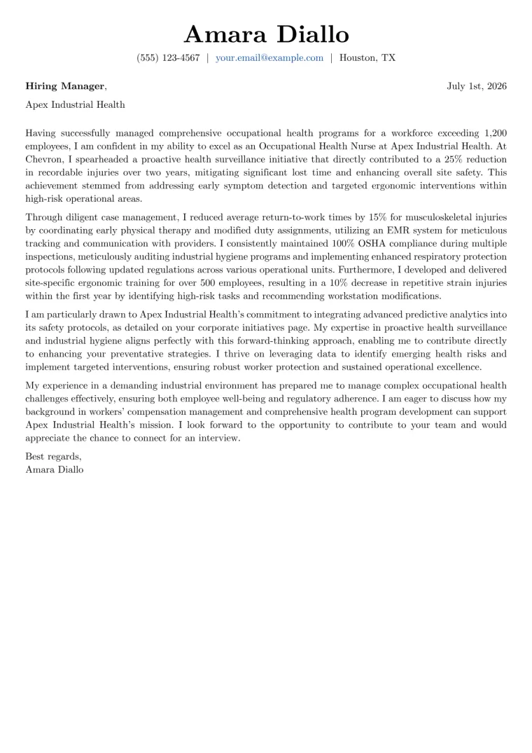 Occupational Health Nurse Cover Letter Example