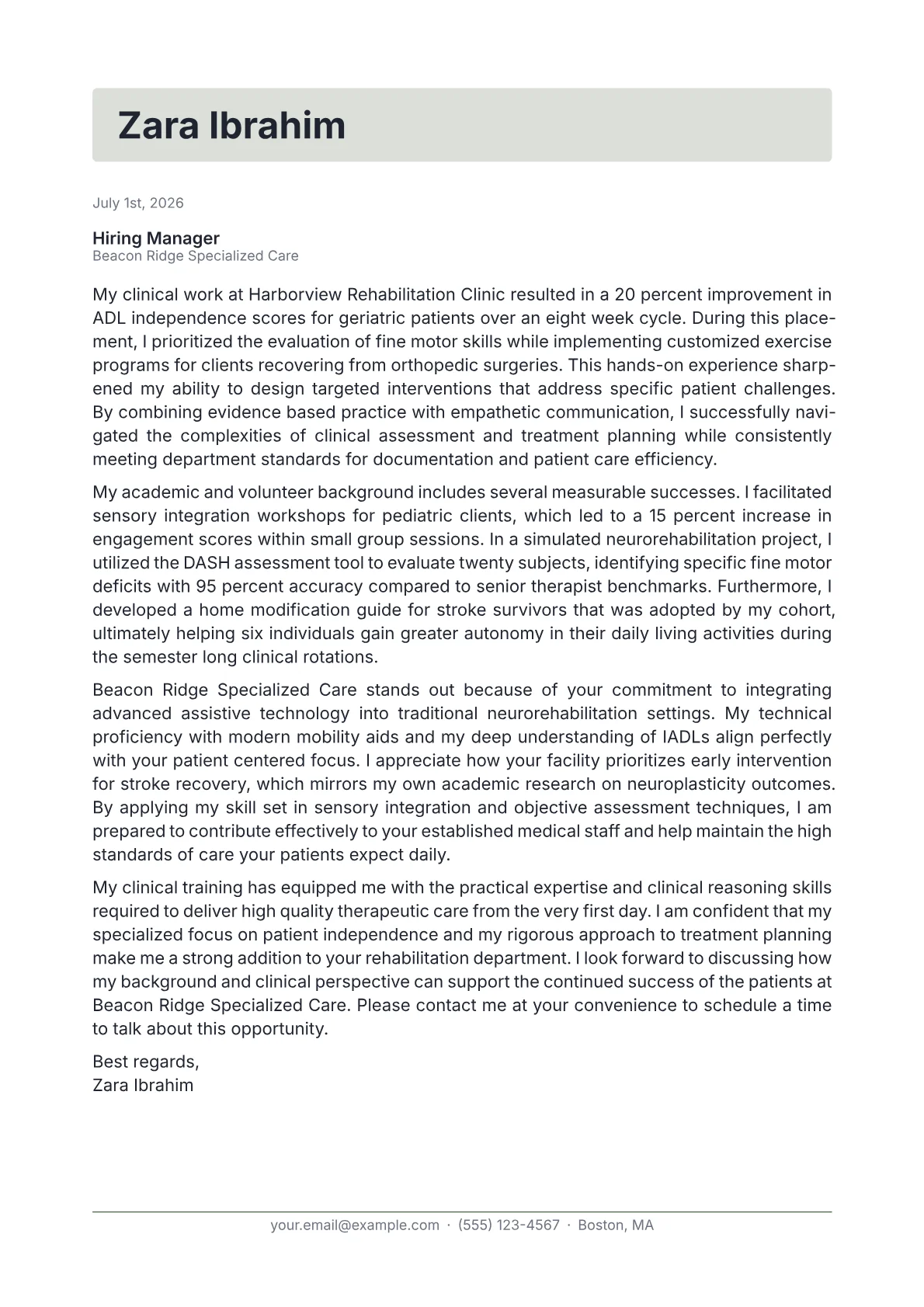 Occupational Therapist cover letter in the Letterhead design