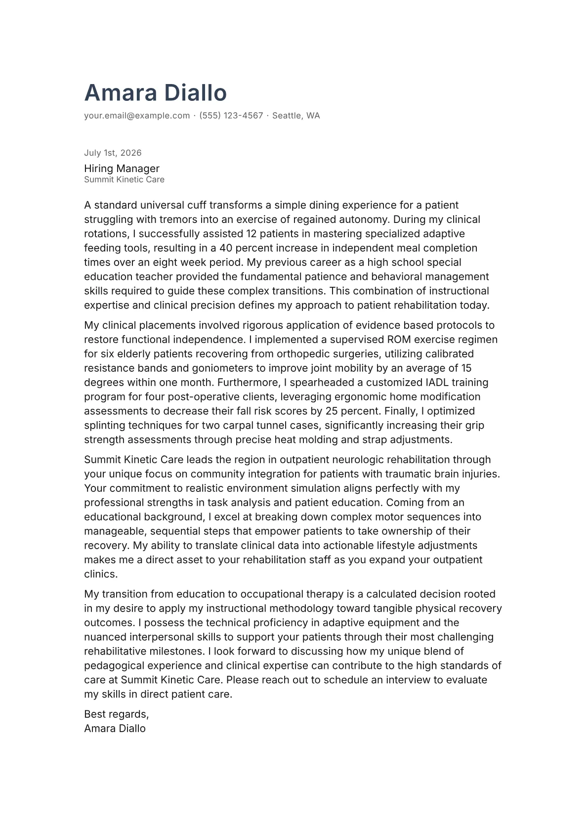 Occupational Therapy Assistant cover letter in the Minimal design