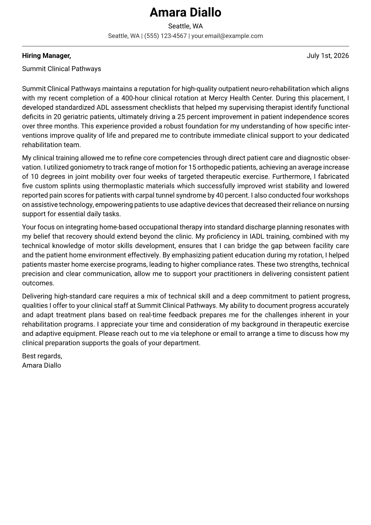 Occupational Therapy Assistant cover letter in the Modern design