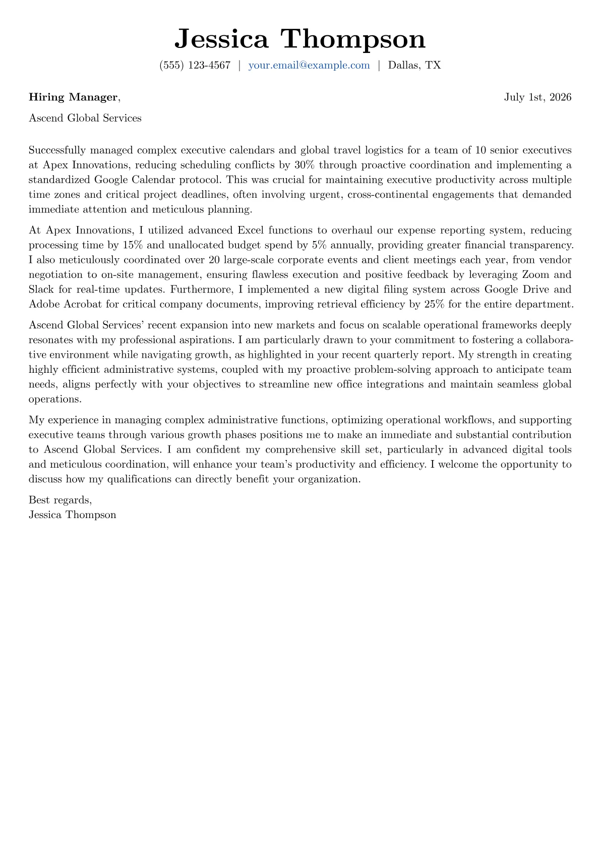 Office Administrator cover letter formatted with a JobSprout template
