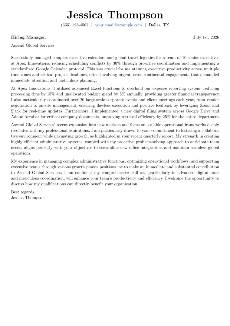 Office Administrator Cover Letter Example