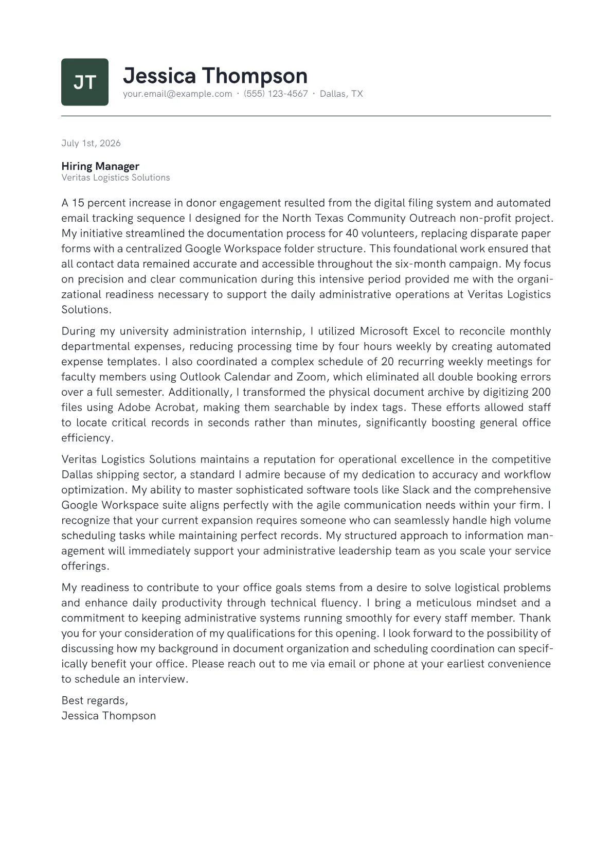 Office Administrator cover letter in the Emblem design