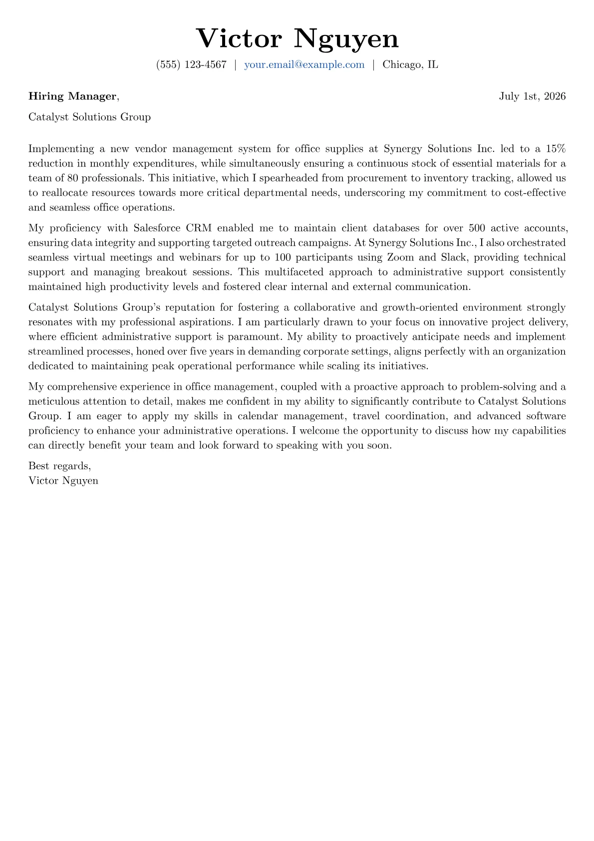 Office Aide cover letter formatted with a JobSprout template