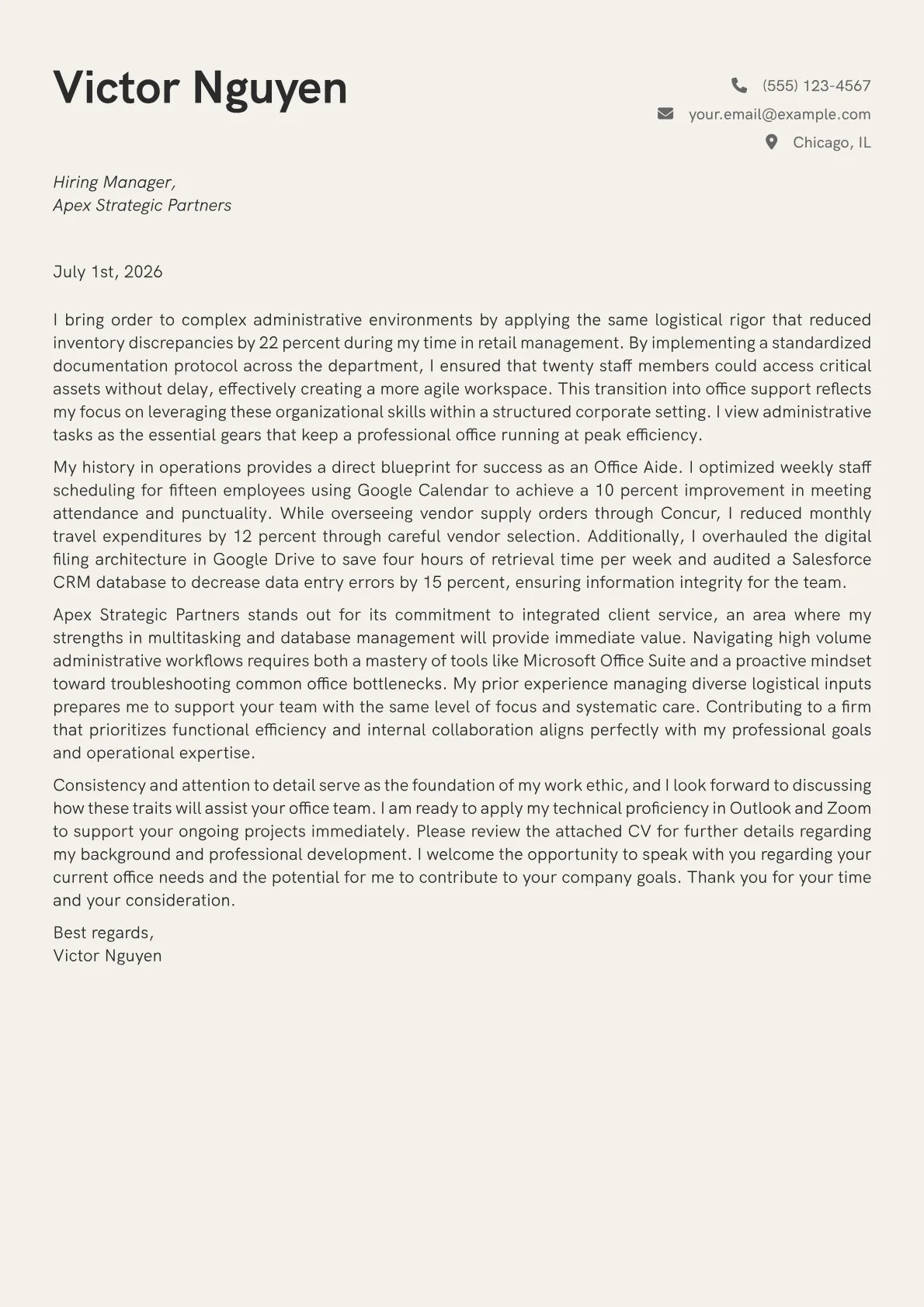 Office Aide cover letter in the Creative design