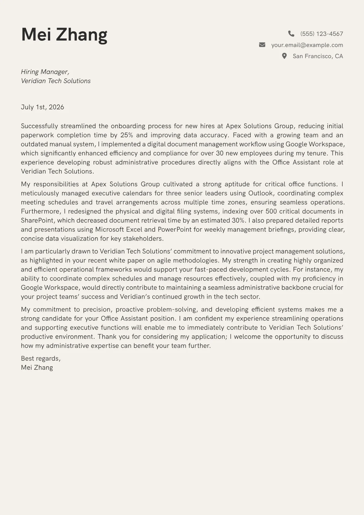 Office Assistant cover letter formatted with a JobSprout template