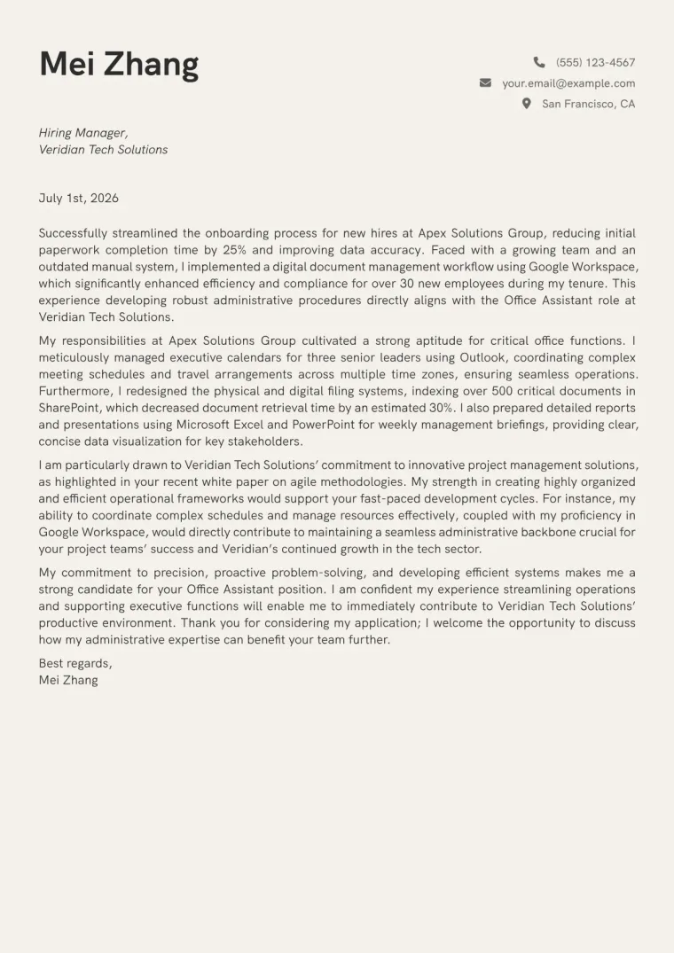 Office Assistant Cover Letter Example