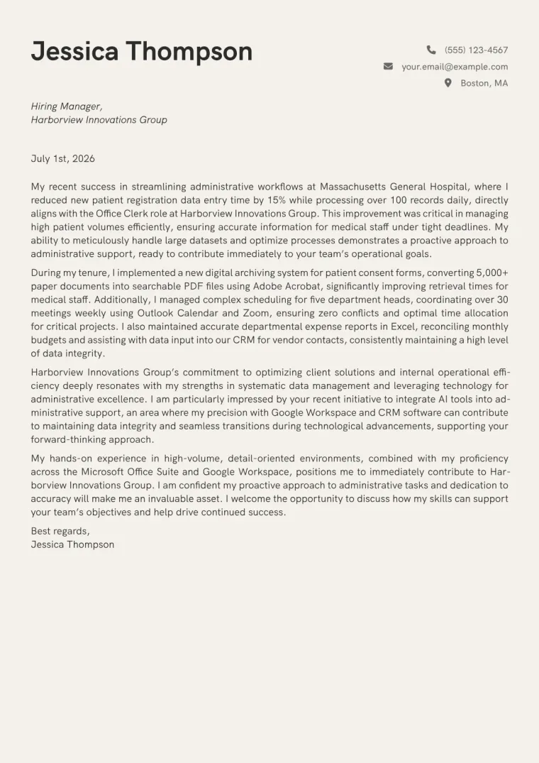 Office Clerk cover letter example preview