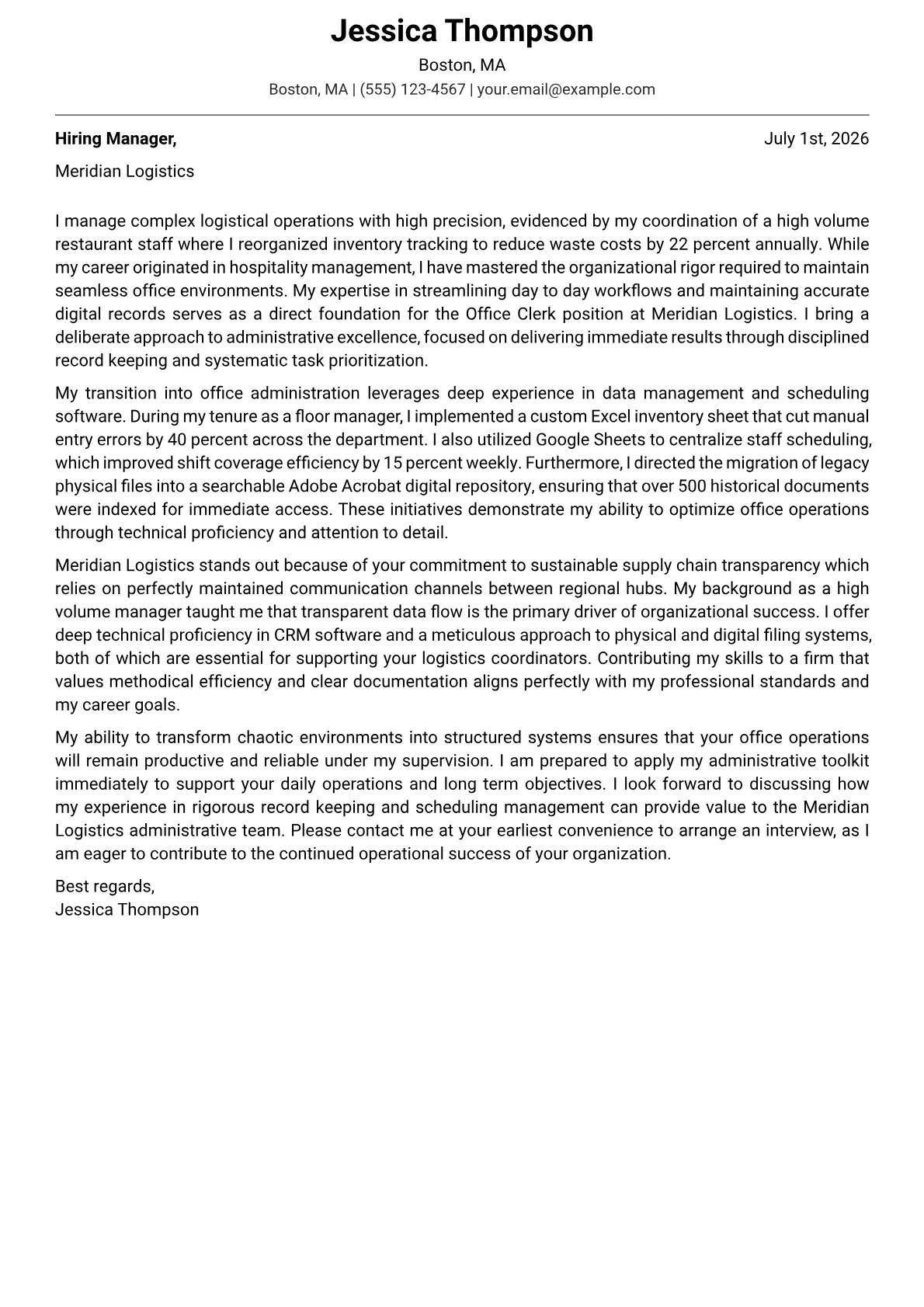 Office Clerk cover letter in the Modern design