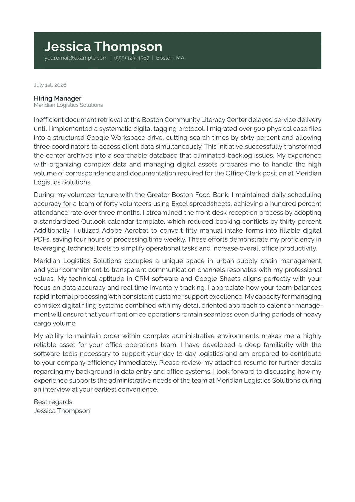 Office Clerk cover letter in the Banner design
