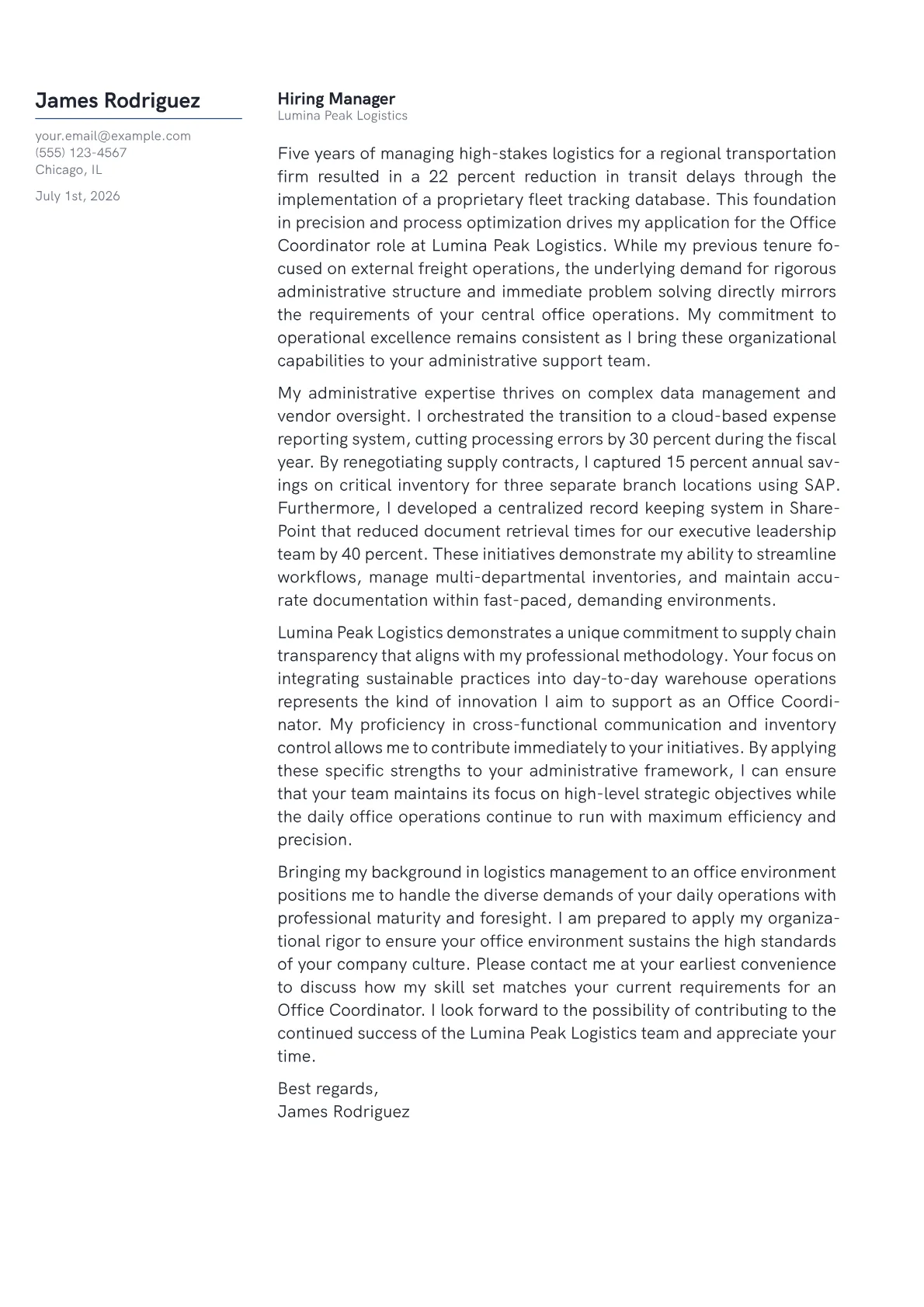 Office Coordinator cover letter in the Margin design