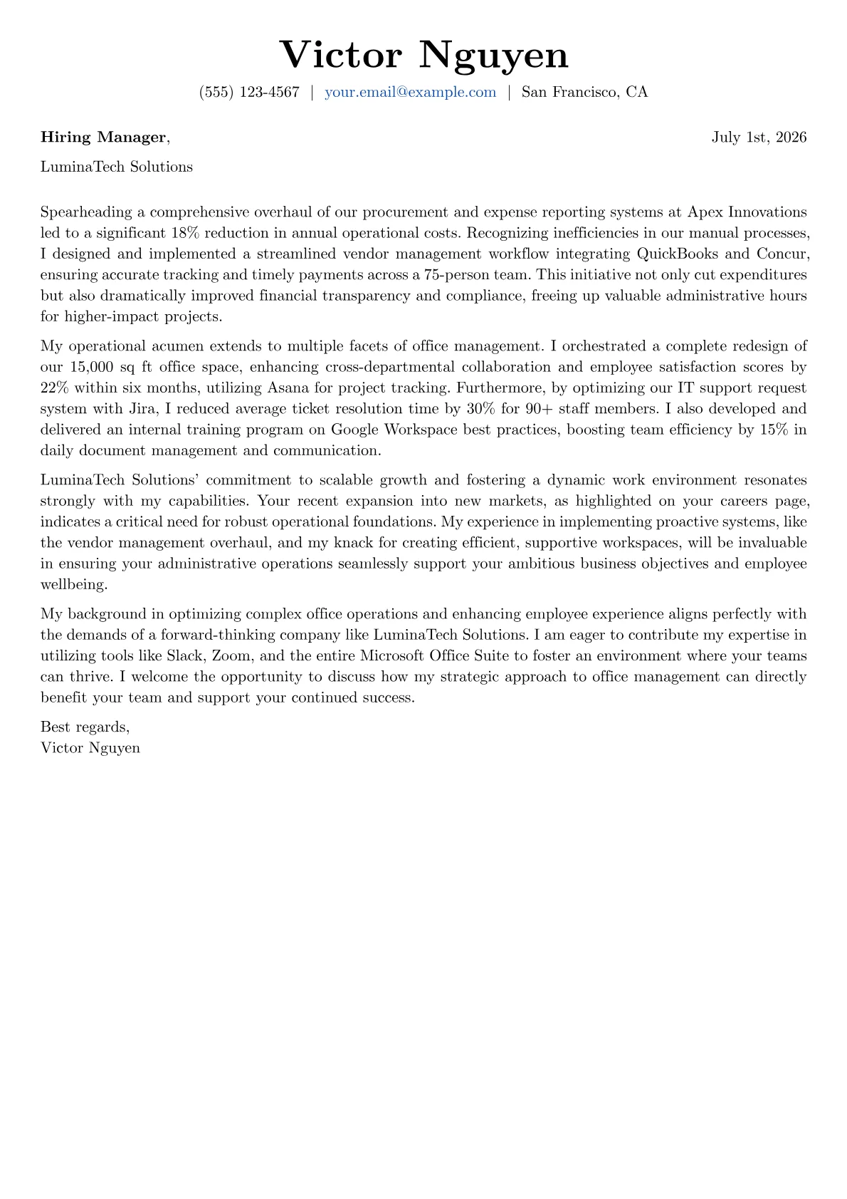 Office Manager cover letter formatted with a JobSprout template