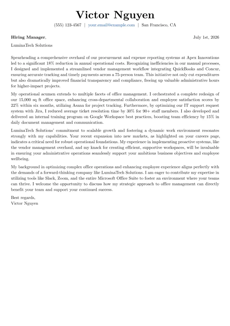 Office Manager Cover Letter Example