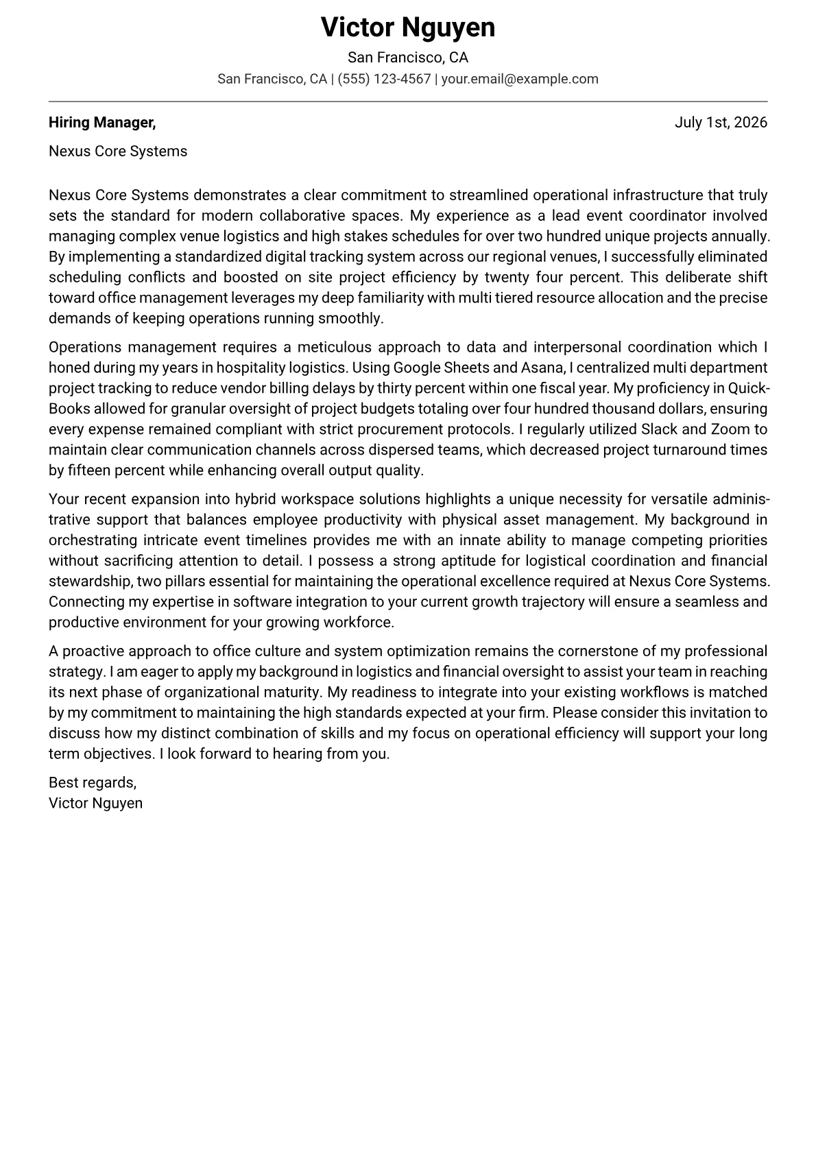 Office Manager cover letter in the Modern design