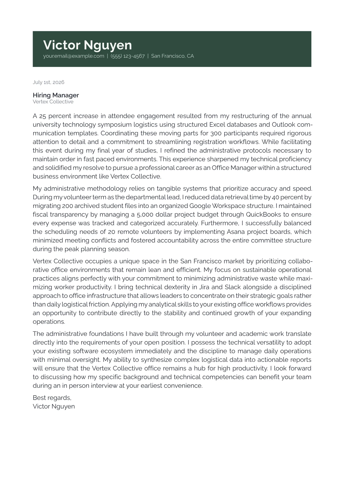 Office Manager cover letter in the Banner design