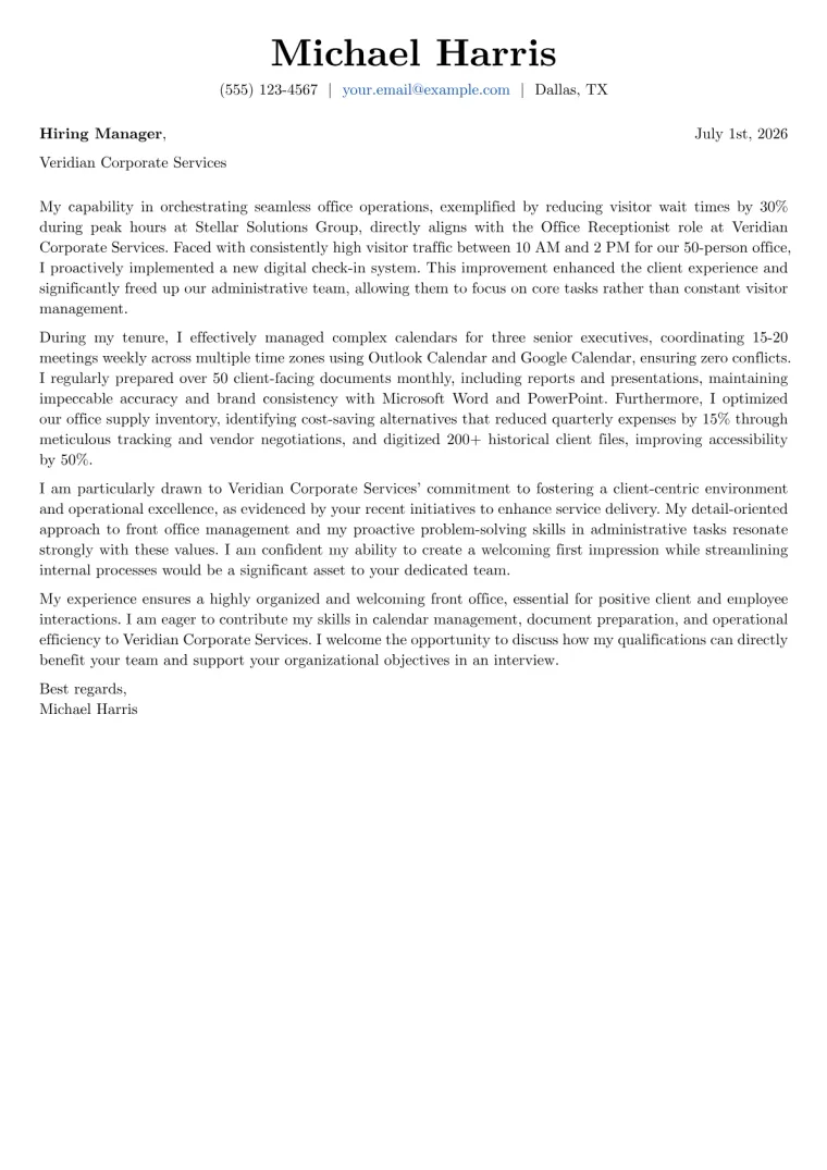 Office Receptionist Cover Letter Example