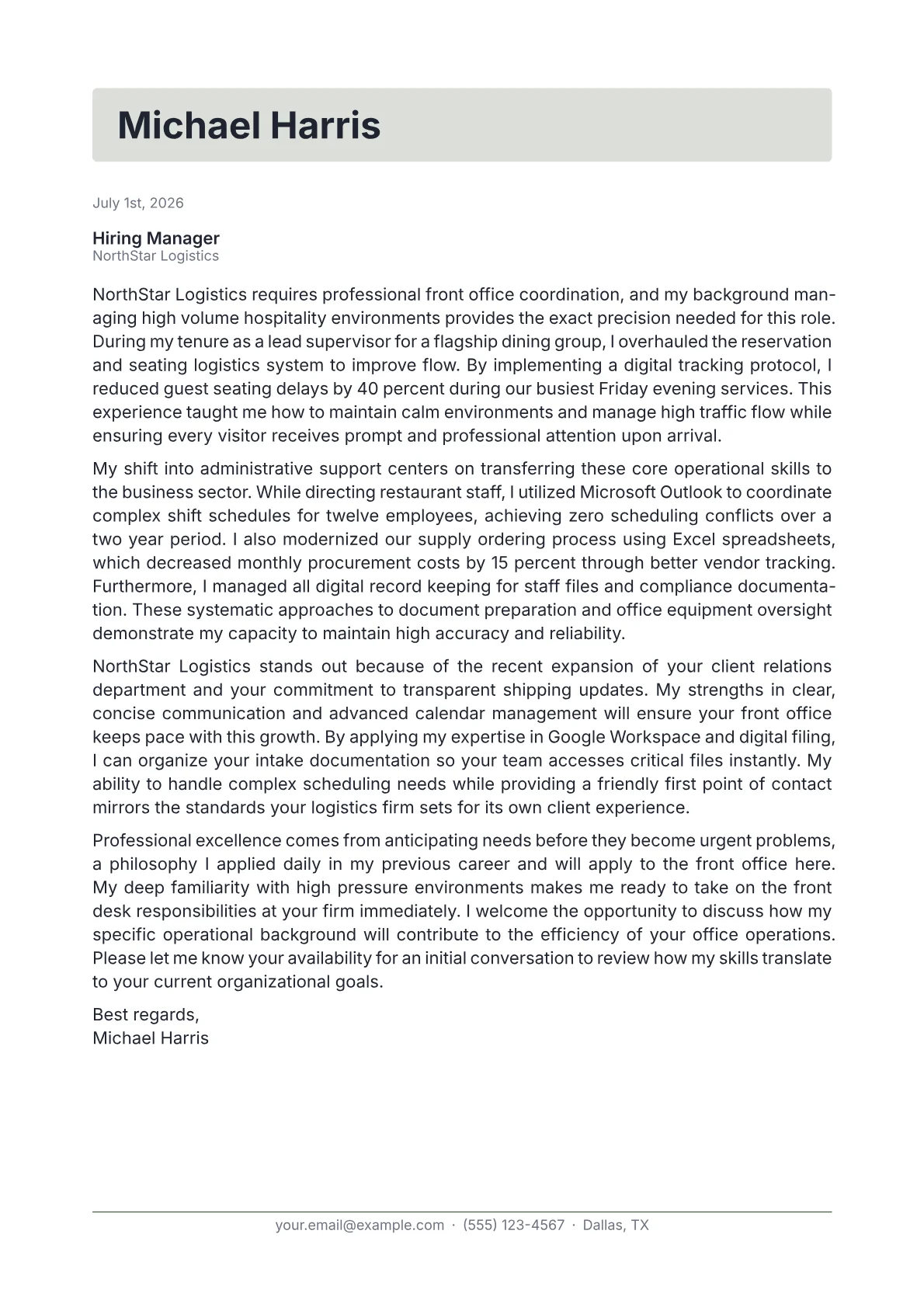 Office Receptionist cover letter in the Letterhead design