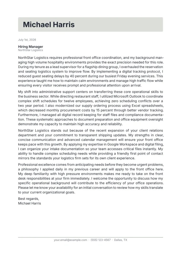 Office Receptionist cover letter for a career changer