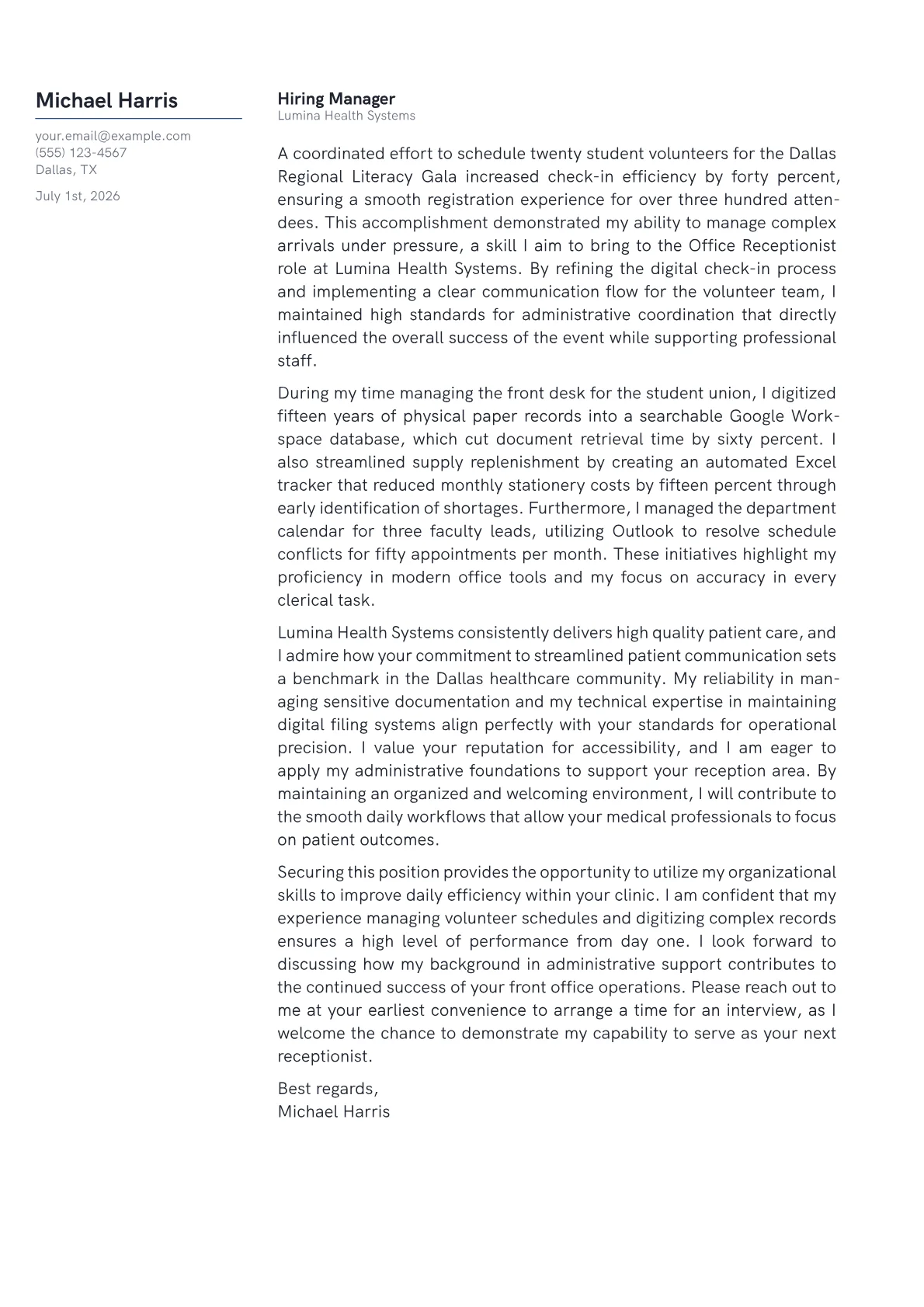 Office Receptionist cover letter in the Margin design