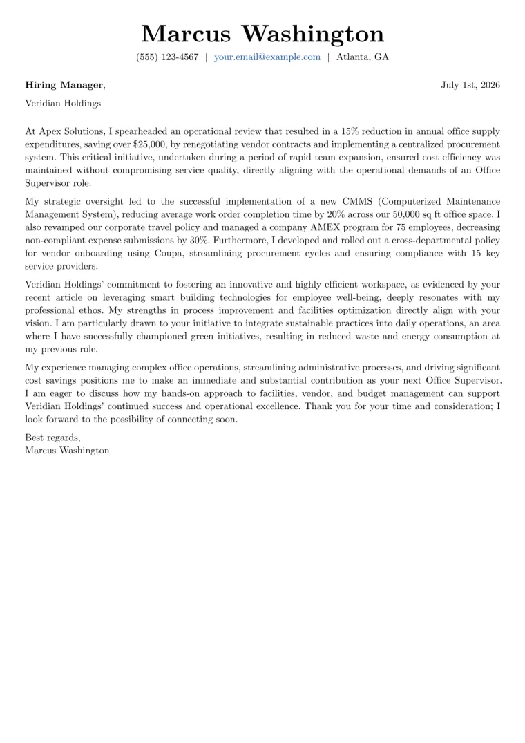 Office Supervisor cover letter example preview