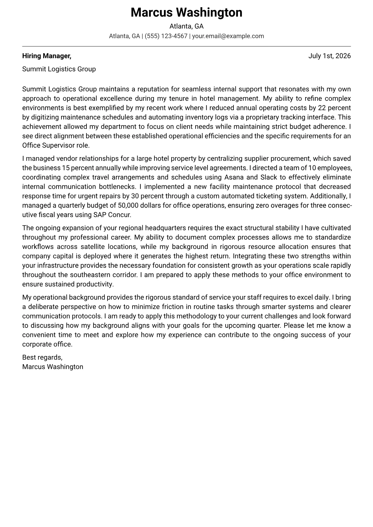 Office Supervisor cover letter in the Modern design
