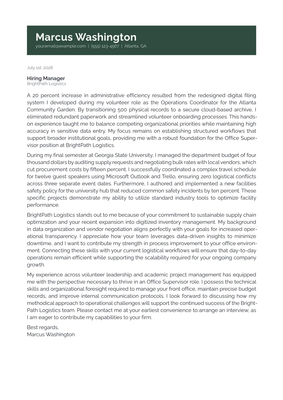 Office Supervisor cover letter in the Banner design