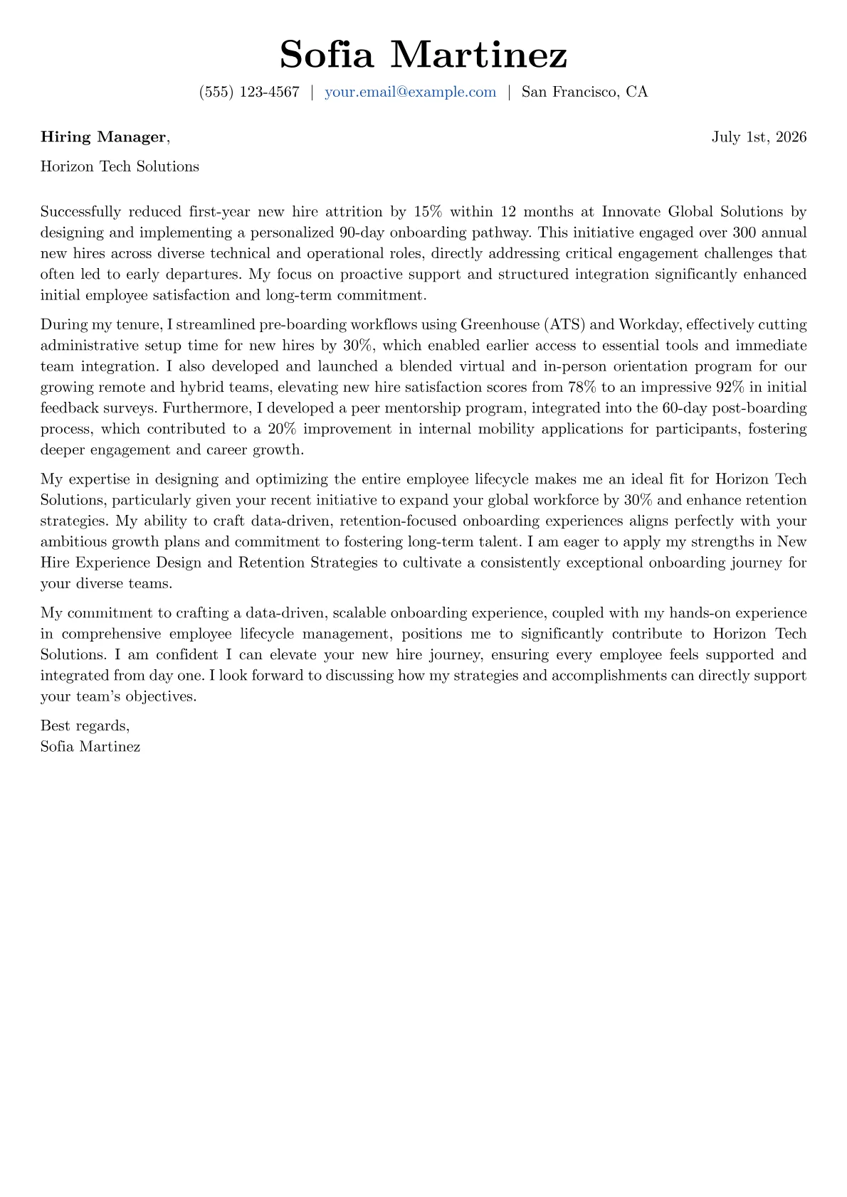 Onboarding Specialist cover letter formatted with a JobSprout template