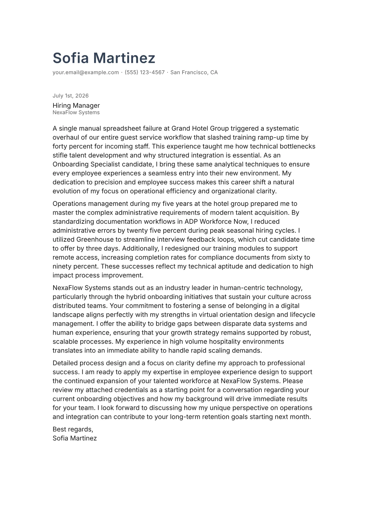 Onboarding Specialist cover letter in the Minimal design