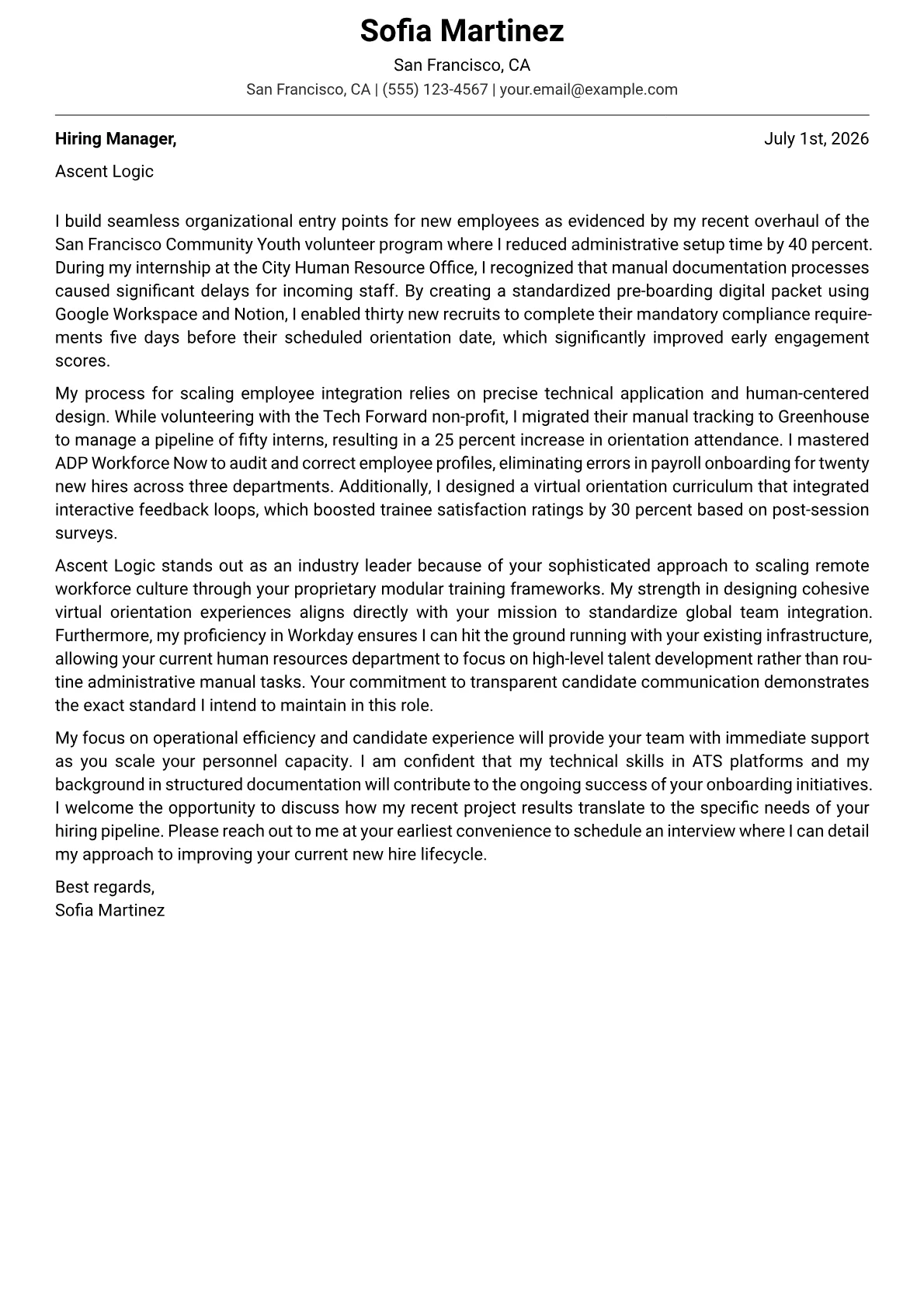 Onboarding Specialist cover letter in the Modern design