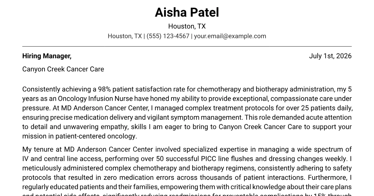 Unregulated Example Oncology Infusion Nurse Cover Letter Example (2026)