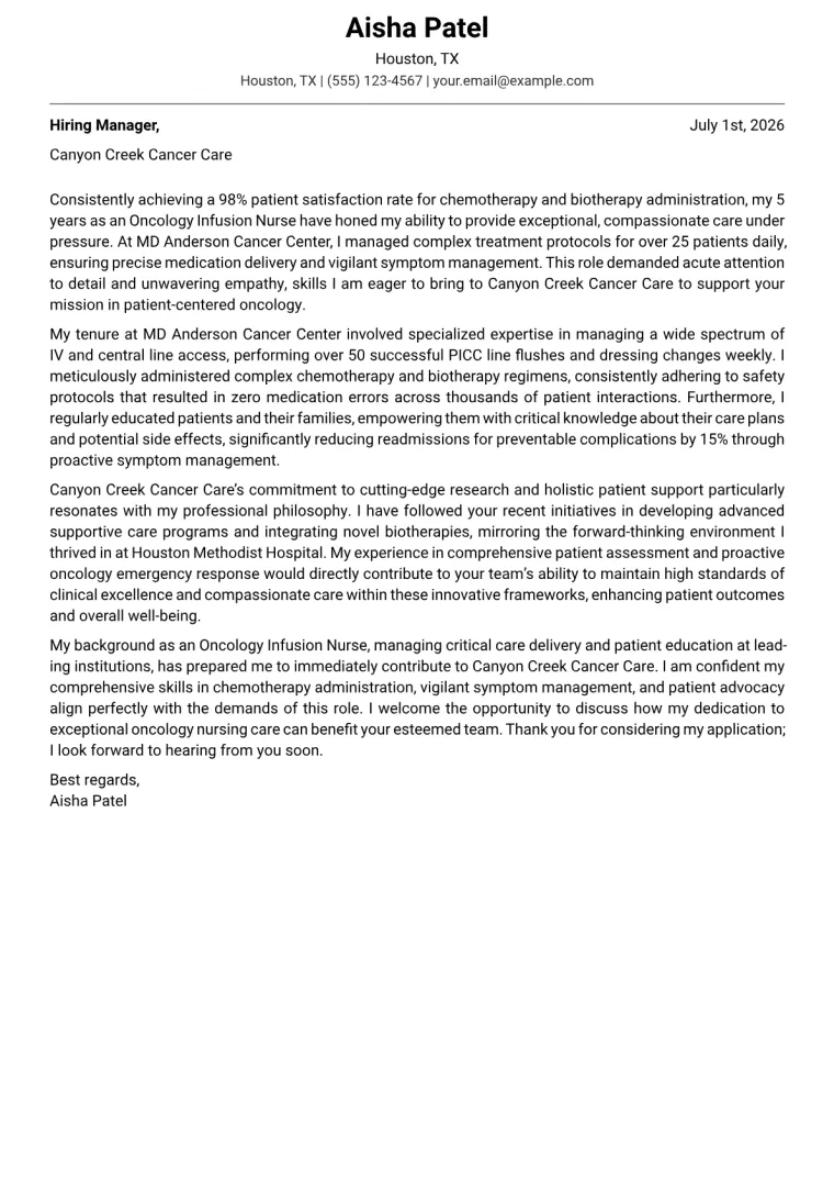 Oncology Infusion Nurse Cover Letter Example (2026)