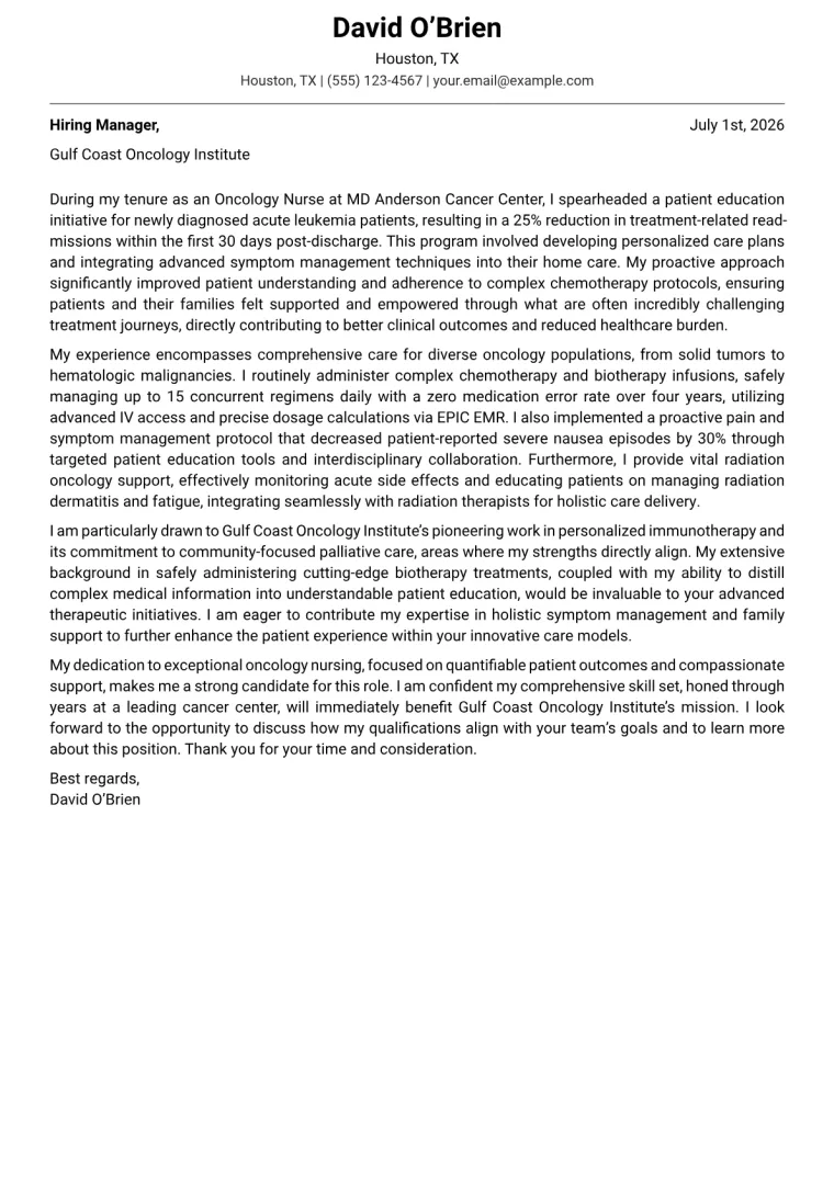 Oncology Nurse cover letter example preview