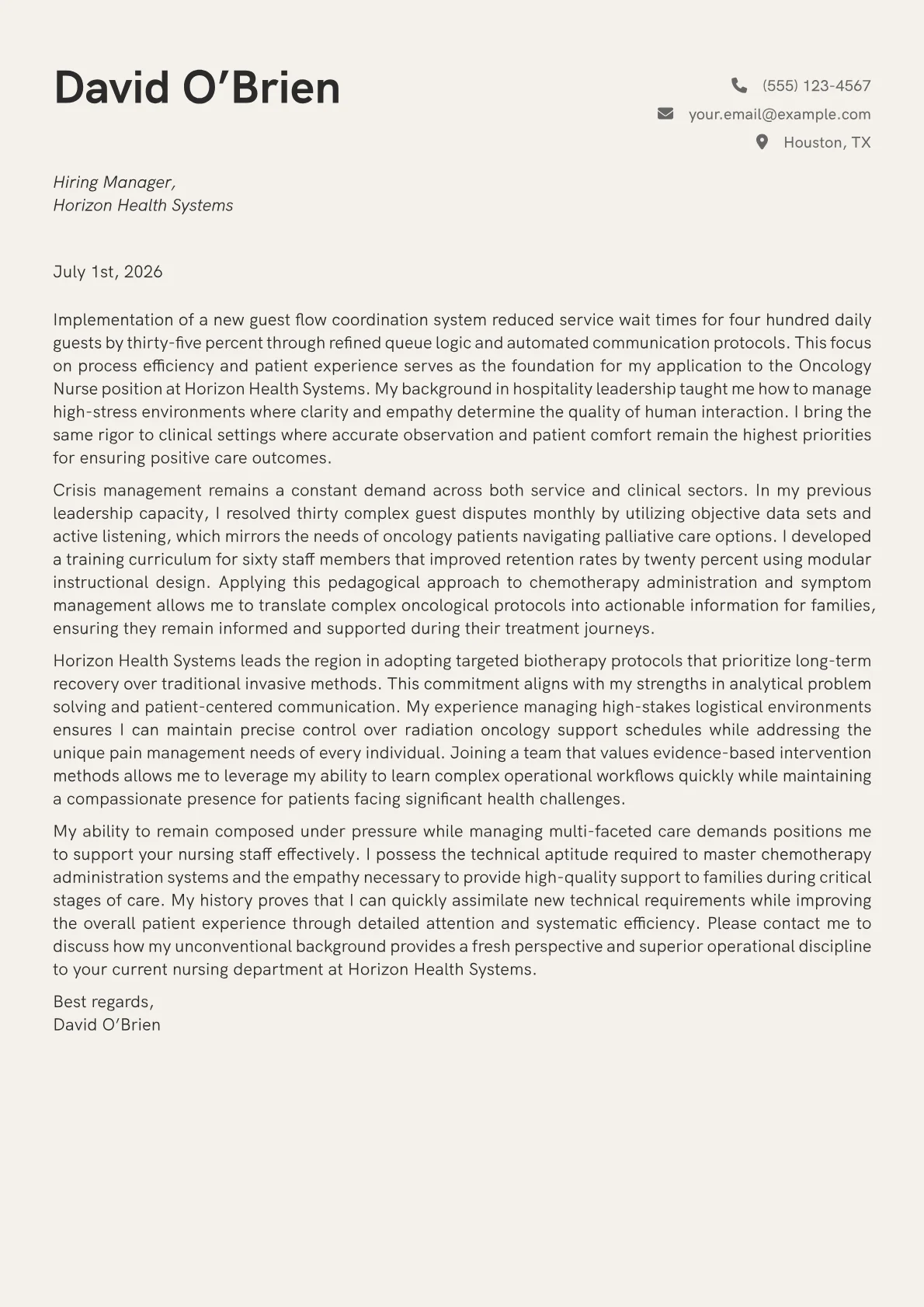Oncology Nurse cover letter in the Creative design