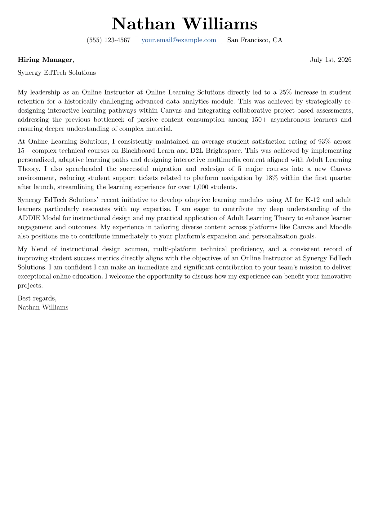 Online Instructor cover letter formatted with a JobSprout template
