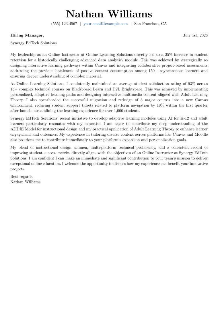 Online Instructor Cover Letter Example